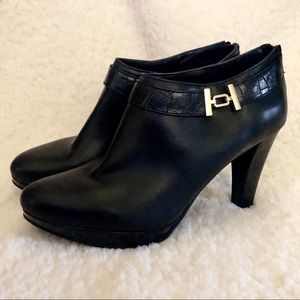 East 5th Cone Heel Black Booties with Gold Buckle